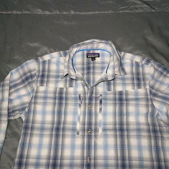 Patagonia Sun Stretch Shirt Mens M Blue Plaid Long Sleeve Backcountry Zip Pocket - Picture 6 of 16
